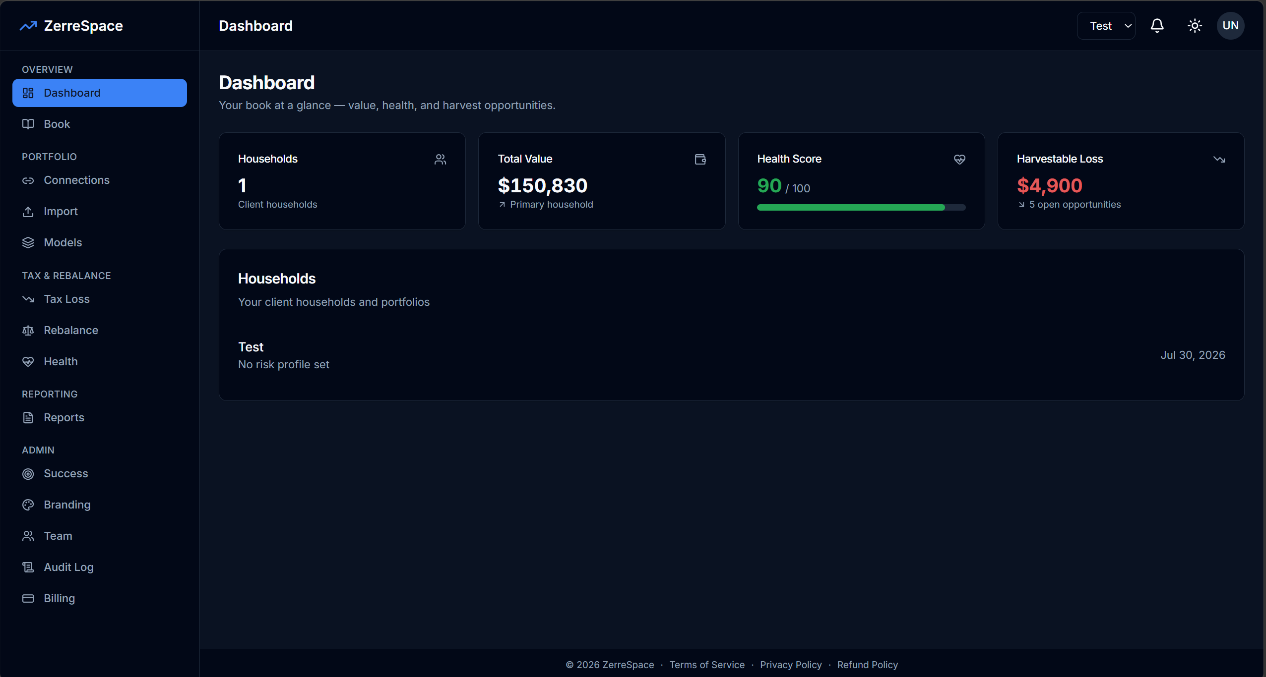 ZerreSpace dashboard: household value, health score and harvestable losses